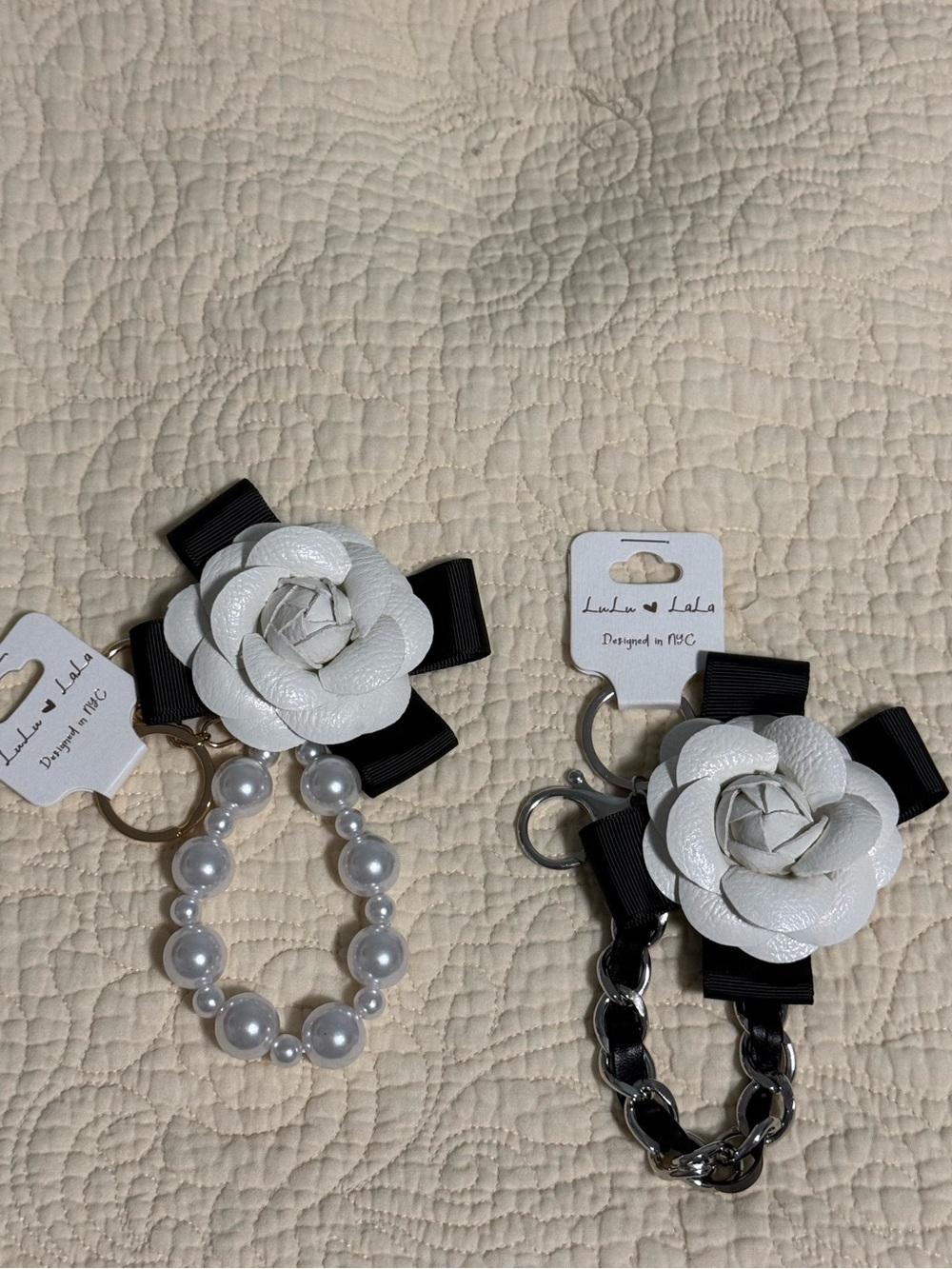 Bag charm/keychain leather White Flower w/ Pearl & black chain! You pick one!!!